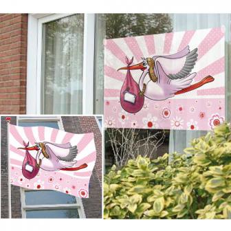 Drapeau de fenêtre "Cigogne et bébé" avec ventouses - rose
