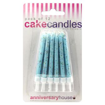 12 mini bougies d'anniversaire bleu clair-paillettes