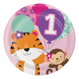 8 assiettes en carton "Jungle Girl 1. anniversaire" 