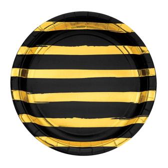 8 assiettes en carton "Rayures dorées" noires