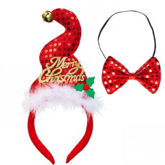Serre-tête à paillettes "Merry Christmas" avec nœud-papillon