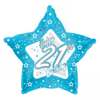 Ballon-étoile en alu Happy Birthday "Pretty Blue 21" 45 cm