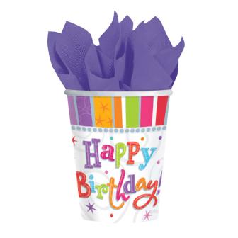 8 Gobelets en carton "Happy Birthday" rayés