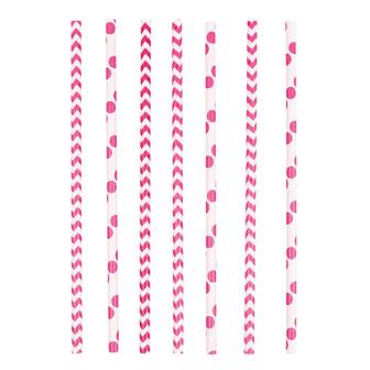 24 pailles "Zigziag & pois" - rose vif