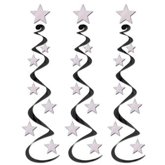 3 décos à spirales "Stars & étoiles" 76 cm - argent-noir