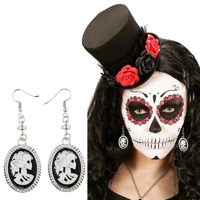 Boucles D'oreilles Tête De Mort Camée - Design Mexicain Calavera Avec Fleur Rose, Acier Inoxydable, 10mm - Style Rock Gothique - 5