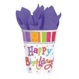 8 Gobelets en carton "Happy Birthday" rayés